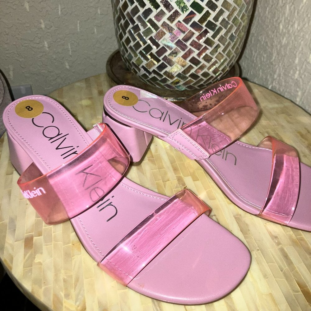 Calvin Klein Translucent Pink strap slip-ons chunky heel with silver LOGO NWT